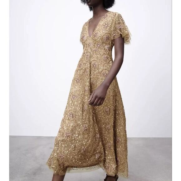 ZARA WOMAN Gold Sequin Dress Special Edition Small Party Formal Wedding NWT - Picture 2 of 16